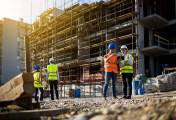 Four construction workers having meeting