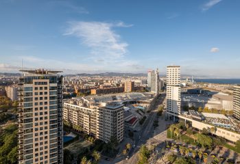 Modern high-rise buildings and shopping center in the coastal residential areas of Diagonal Mar and Poblenou in Barcelona, Spain