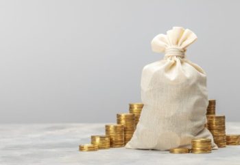 Money,Bag,And,Coins,Steps,Up,On,A,Gray,Background.